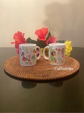 White Ceramic Hula Honeys Mug Set - Tropical Floral Design